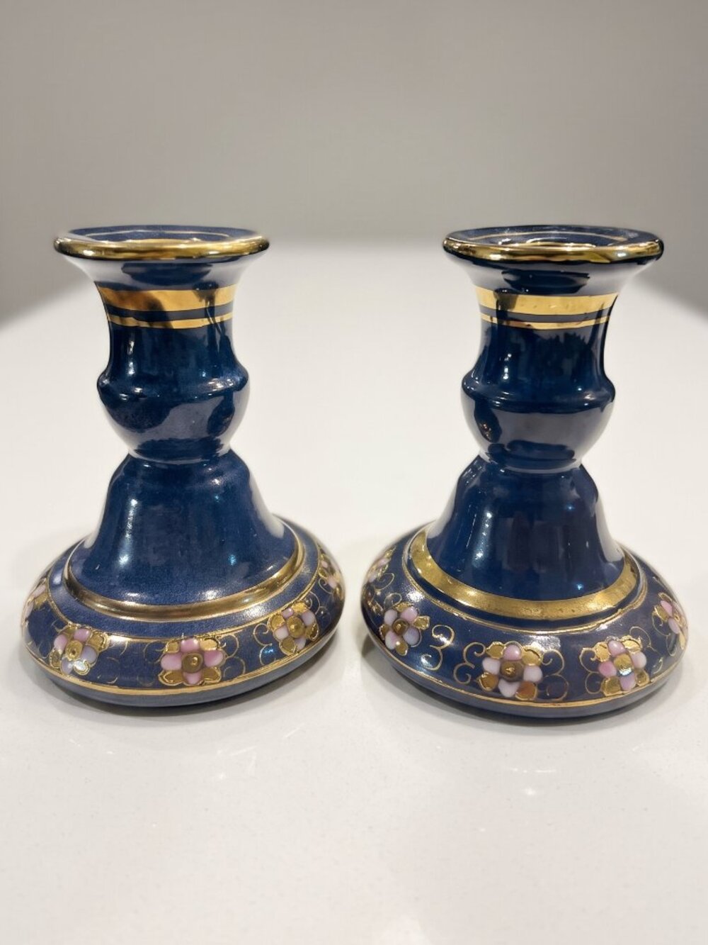 Toyo Cobalt Enamel Gold Leaf Porcelain Floral Candle Holders Pair 4.25”